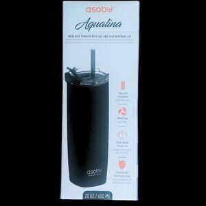 asobu Aqualina Insulated Tumbler 20oz Black Vacuum BPA Free Dual Lid